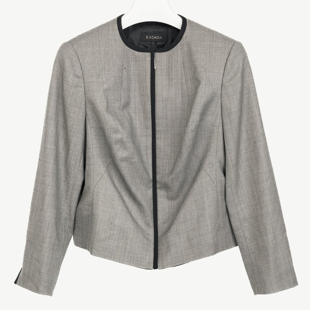 Escada Grey Wool Contrast-Piping Zip Blazer